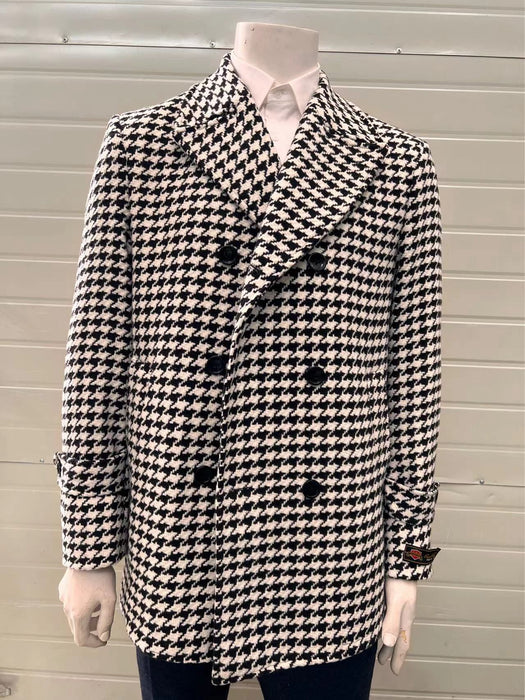 Mens Houndstooth Double-Breasted Wool Peacoat – Black and White Wool  Short Coat Slim Fit