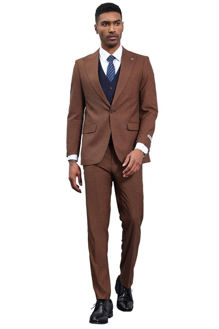 Men's Stacy Adams One Button Peak Lapel Vested Micro Check in Cognac Brown with a Navy Vest - Image 2