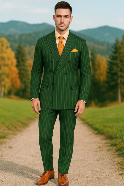 Mens Hunter Green Pinstripe Double-Breasted Suit – Bold 6-Button Vintage Gangster Style 1920s Look - Image 6