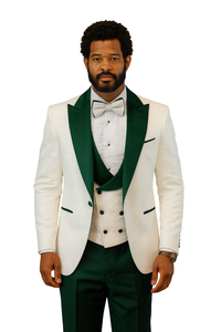 Hilton White and Hunter Green Paisley Peak Lapel Tuxedo Jacket with Matching Shawl Vest and Wool Pants – Includes Bow Tie