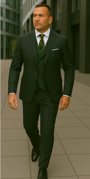 Wool Suit - Italian Made Business Suit by Statement Men's 3 Piece 100% Wool Modern Fit Suit - Double Breasted Vest