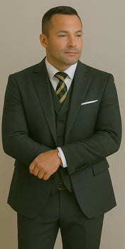 Wool Suit - Italian Made Business Suit by Statement Men's 3 Piece 100% Wool Modern Fit Suit - Double Breasted Vest