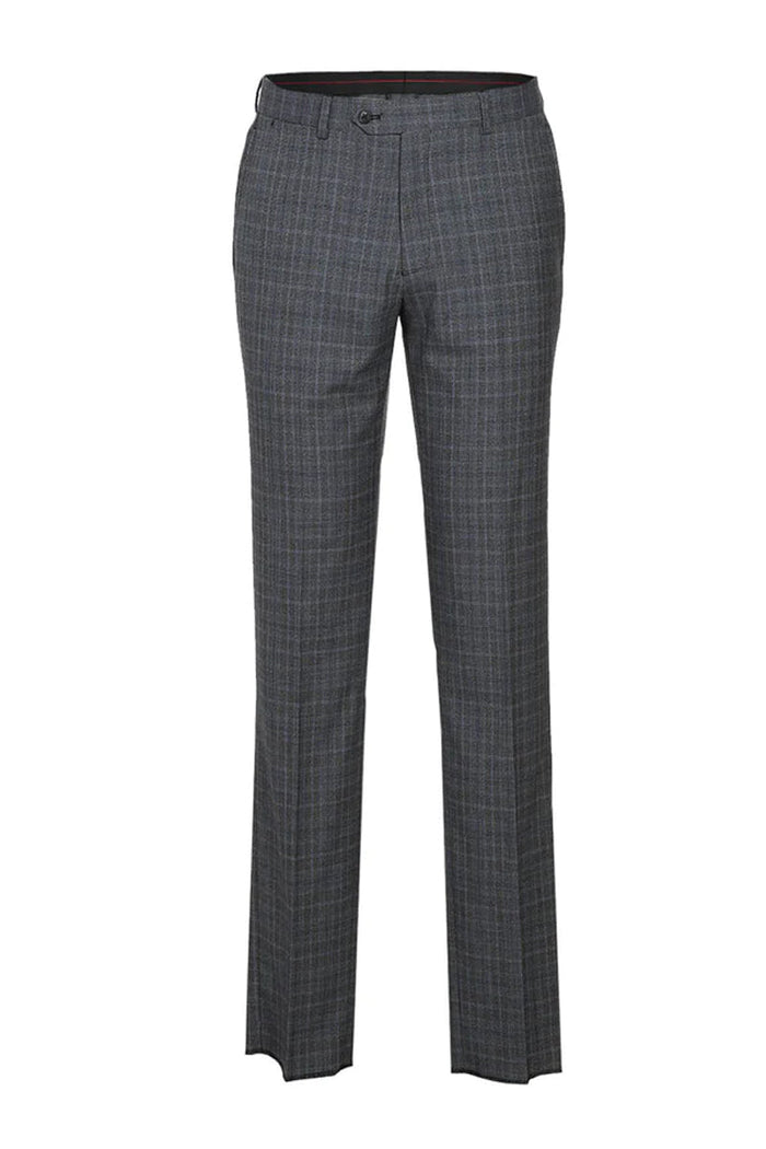 Mens Designer Slim Fit Double Breasted Suit in Light Grey Windowpane Plaid Check - Image 2