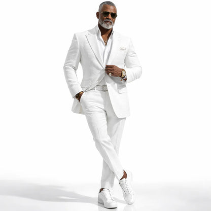 Mens Premium Cotton Seersucker Stripe Suit – White