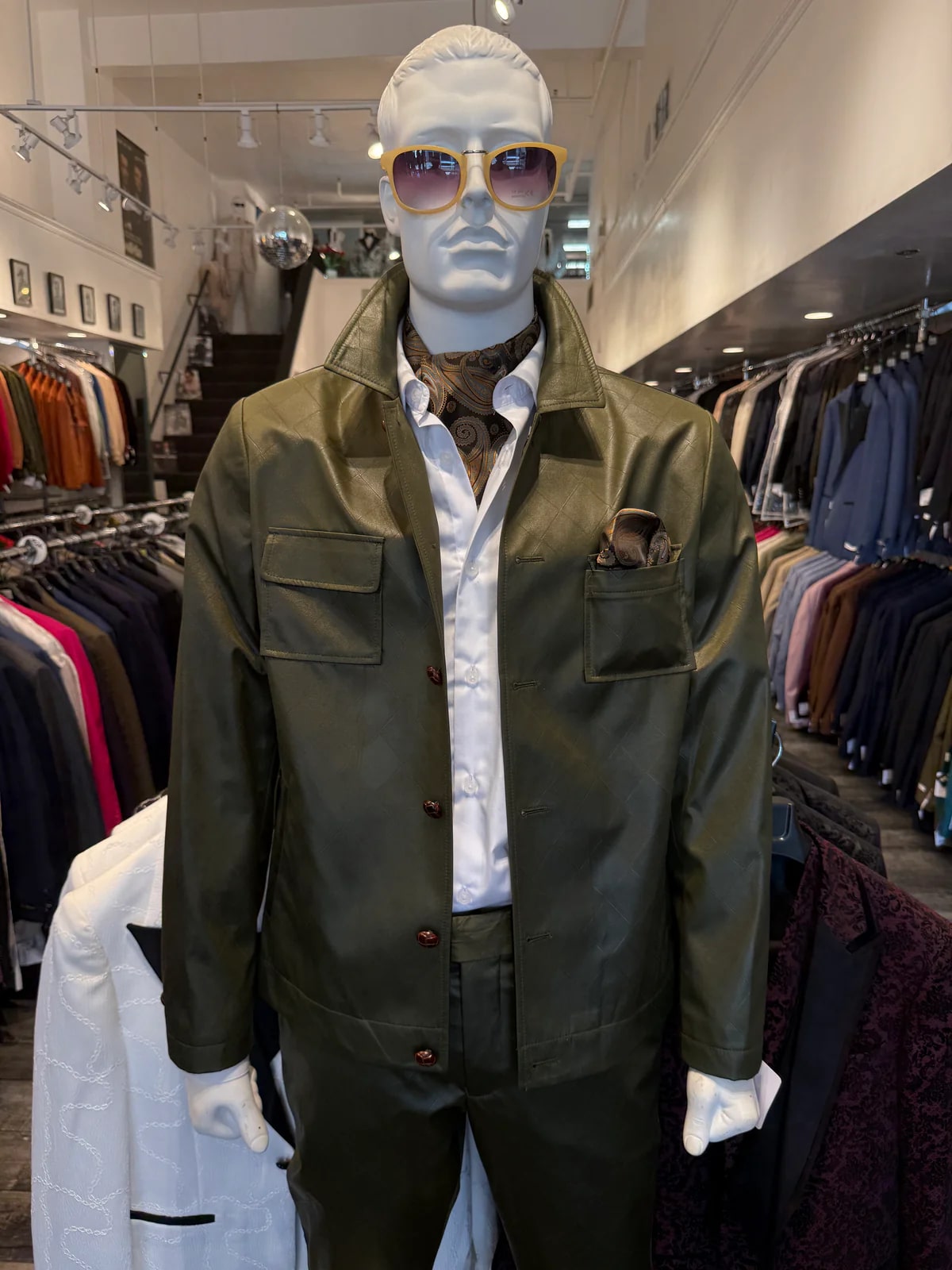 Mens Two Piece Slim Fit Faux Leather Casual Suit Olive