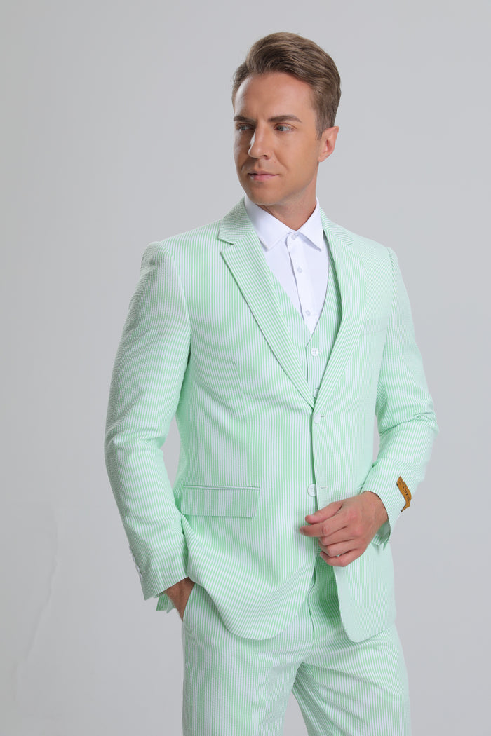 Men's Red Pinstripe Seersucker Vested Suit by Alberto Nardoni - Image 5