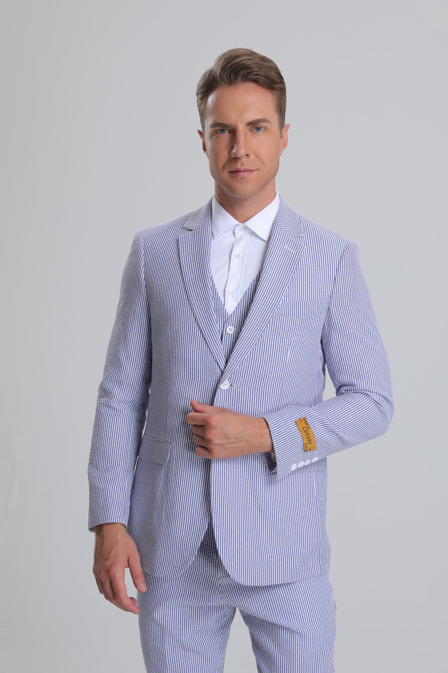 Men's Red Pinstripe Seersucker Vested Suit by Alberto Nardoni - Image 6