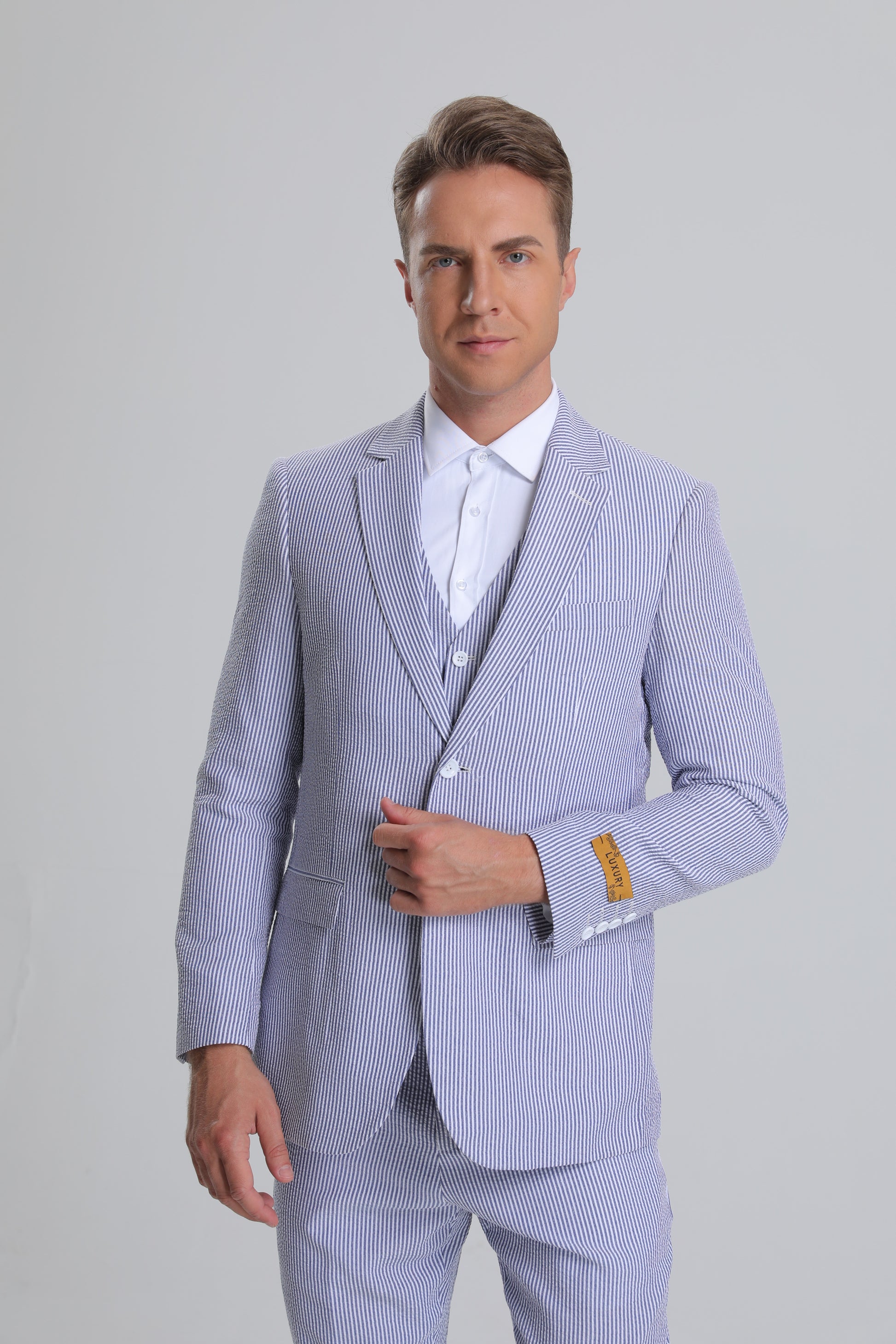Men's Red Pinstripe Seersucker Vested Suit by Alberto Nardoni - Image 6
