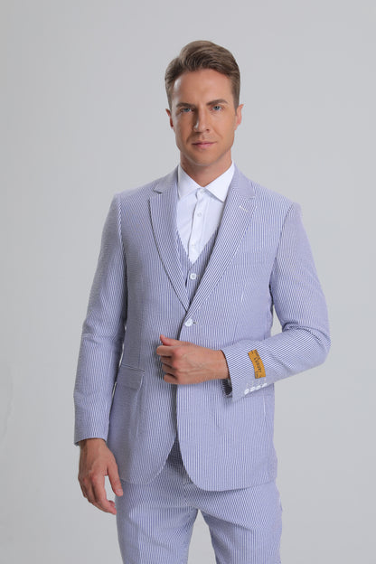 Men's Red Pinstripe Seersucker Vested Suit by Alberto Nardoni - Image 6