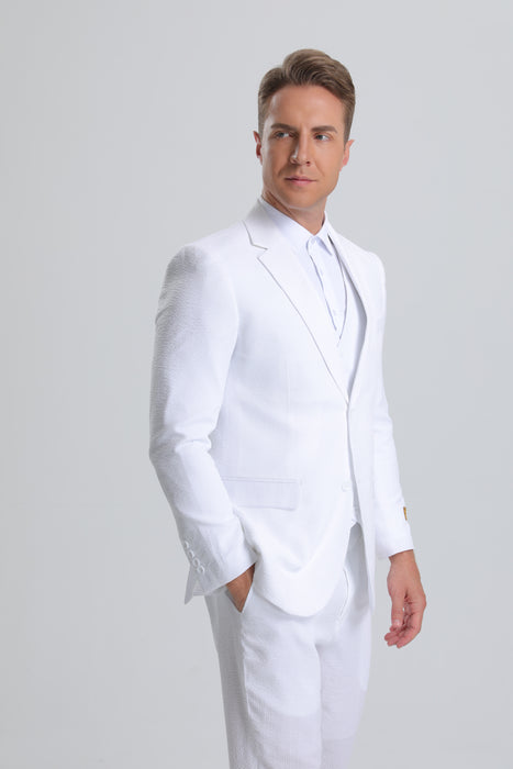 Mens Vested Summer Seersucker Suit in Red Pinstripe