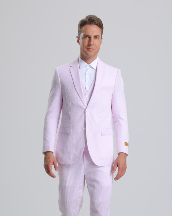 Mens Vested Summer Seersucker Suit in Red Pinstripe