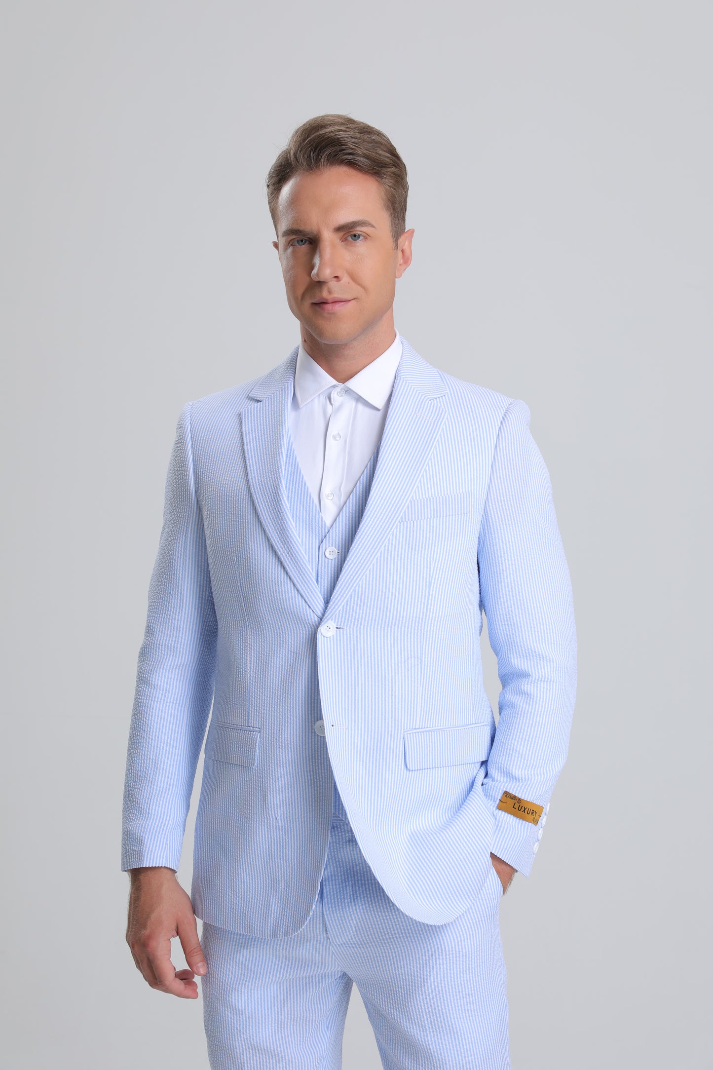 Men's Red Pinstripe Seersucker Vested Suit by Alberto Nardoni - Image 2