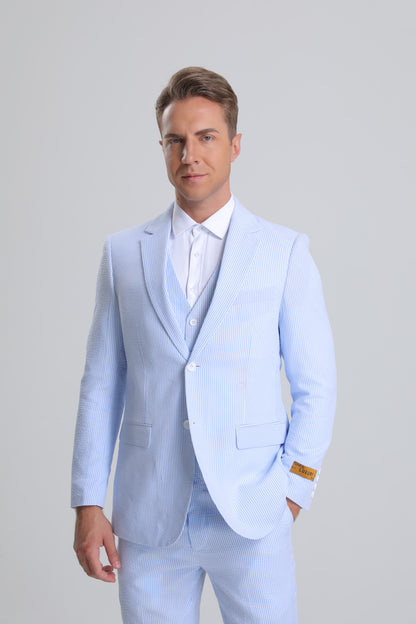 Men's Red Pinstripe Seersucker Vested Suit by Alberto Nardoni - Image 2