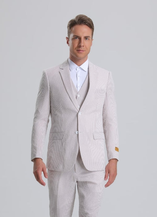 Mens Vested Summer Seersucker Suit in Red Pinstripe