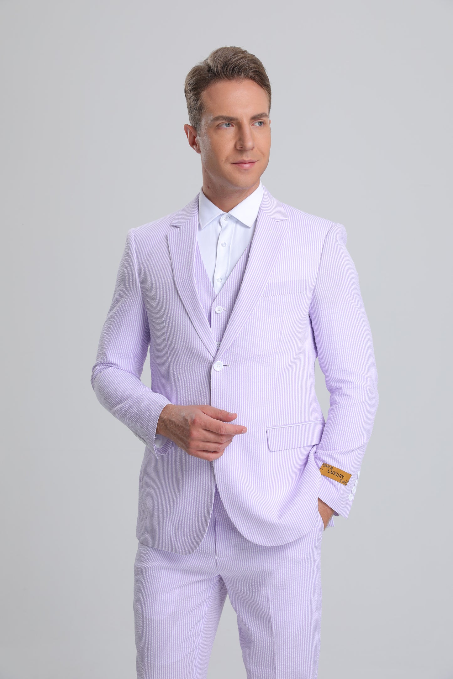 Men's Red Pinstripe Seersucker Vested Suit by Alberto Nardoni - Image 3