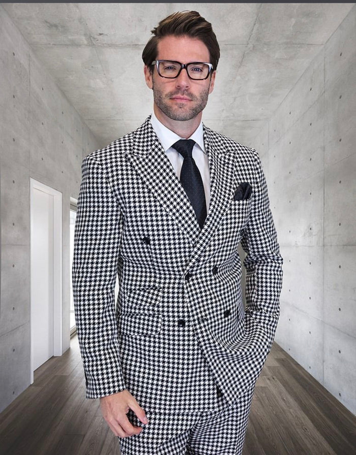 Men’s Black & White Houndstooth Double Breasted Wool Suit – 2 Piece Peak Lapel Suit Modern Fit