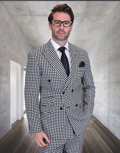 Men’s Black & White Houndstooth Double Breasted Wool Suit – 2 Piece Peak Lapel Suit Modern Fit