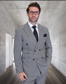 Men’s Black & White Houndstooth Double Breasted Wool Suit – 2 Piece Modern Fit Peak Lapel Suit