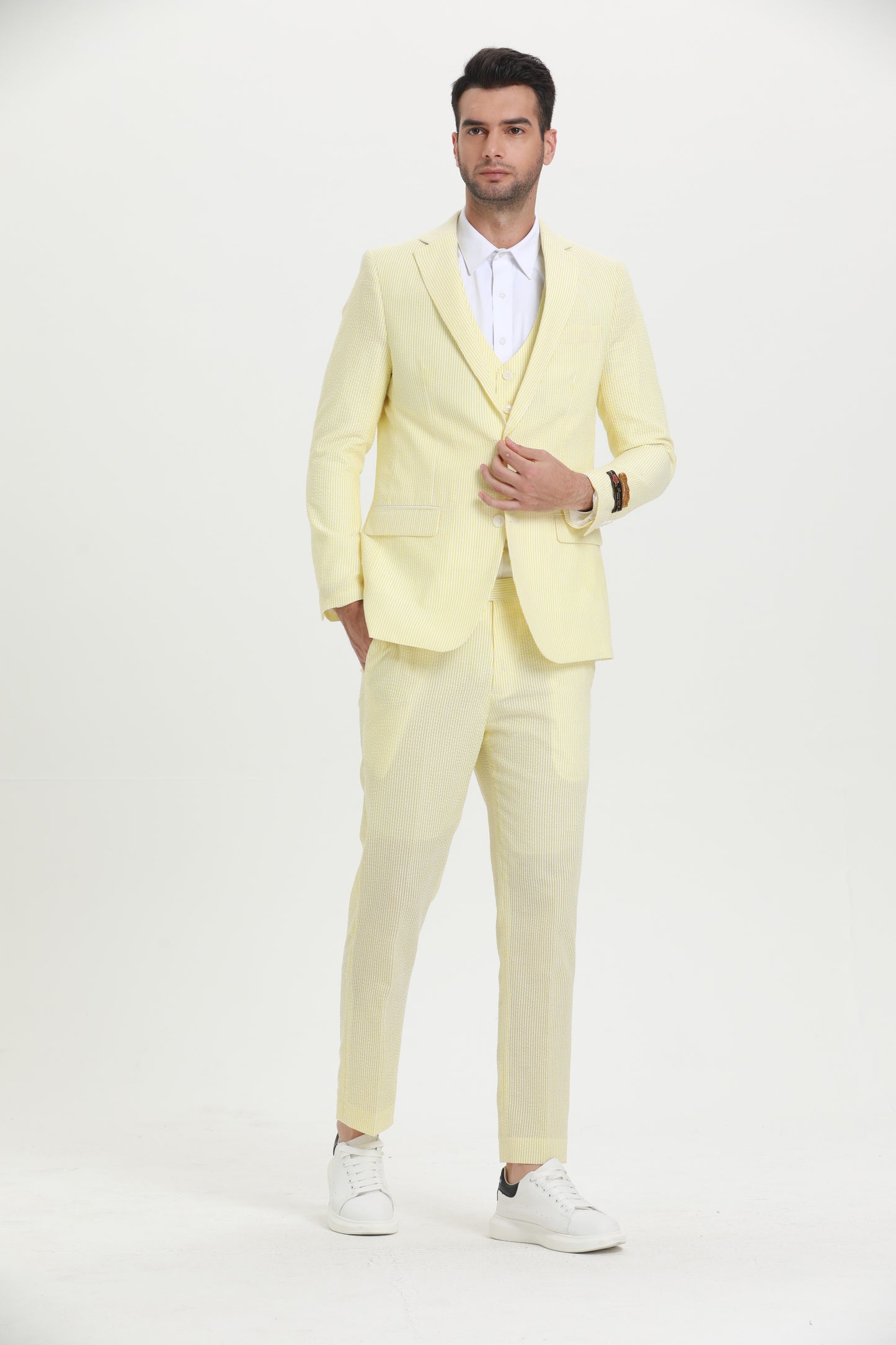Men's Red Pinstripe Seersucker Vested Suit by Alberto Nardoni - Image 12