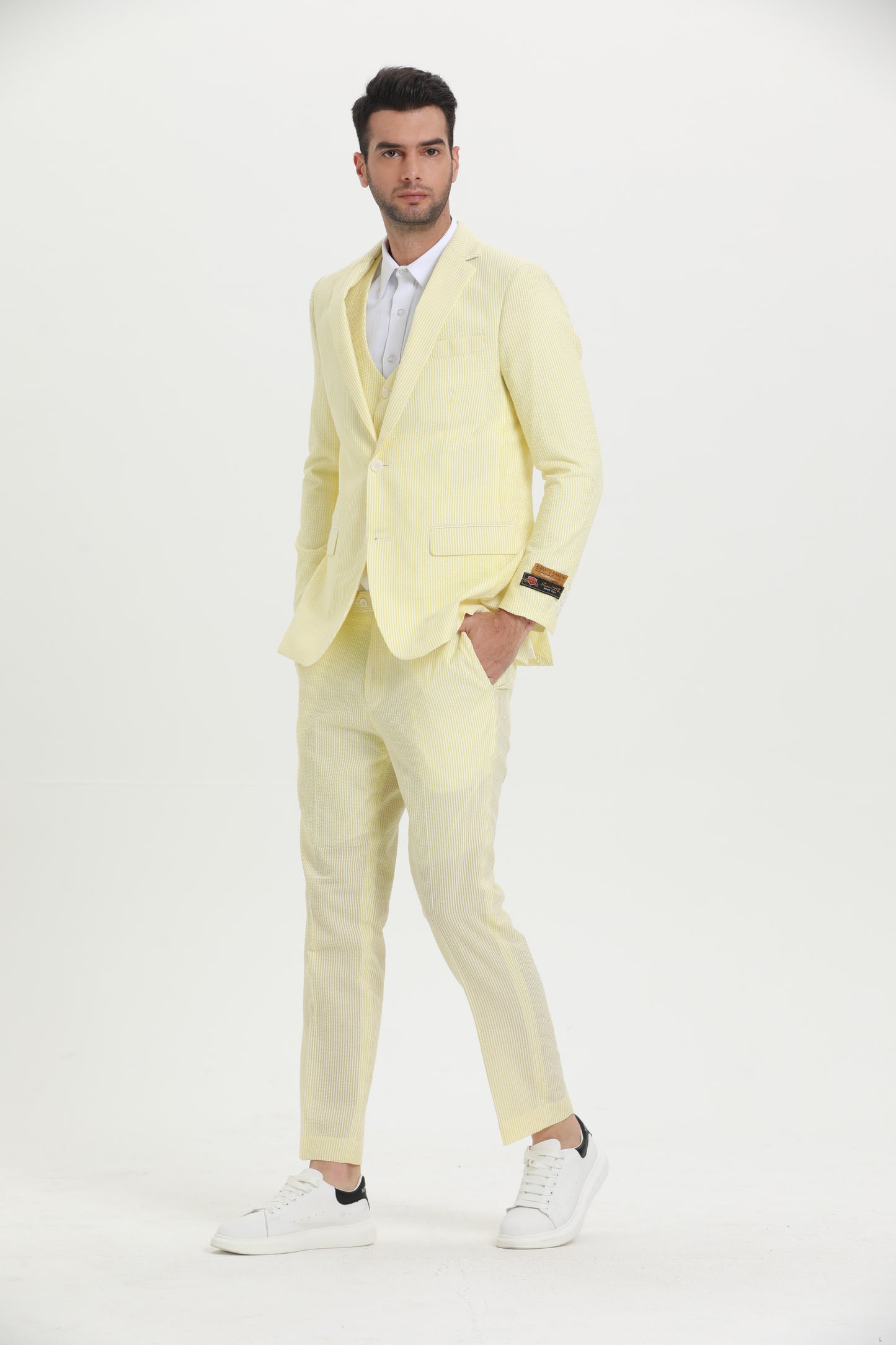 Men's Red Pinstripe Seersucker Vested Suit by Alberto Nardoni - Image 11