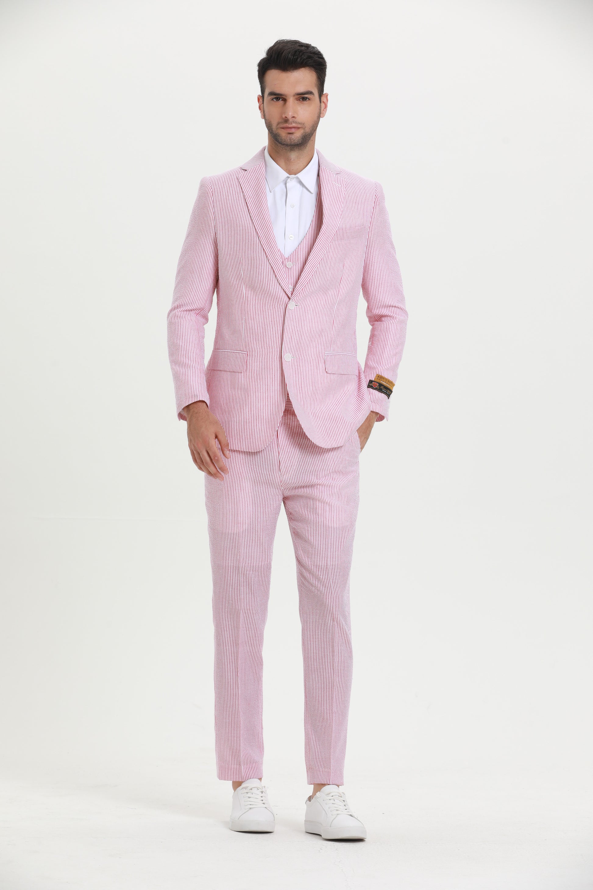 Men's Red Pinstripe Seersucker Vested Suit by Alberto Nardoni - Image 8