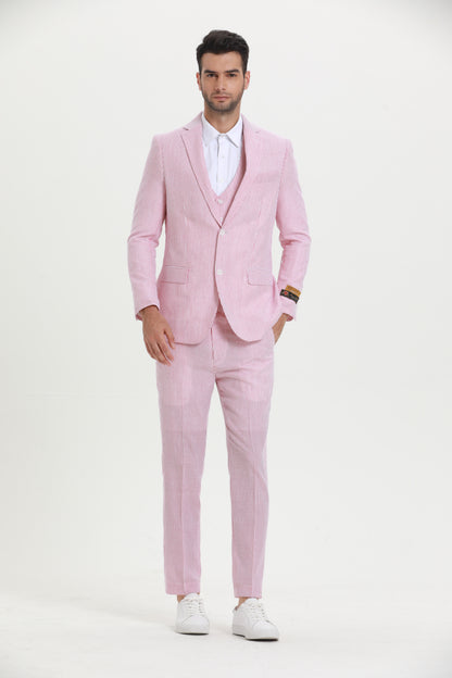 Men's Red Pinstripe Seersucker Vested Suit by Alberto Nardoni - Image 8