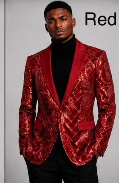 Mens Sequin Christmas Holiday Blazer – Luxury Party Jacket for New Year Jacket Sparkly Dinner Jacket in color "Red"