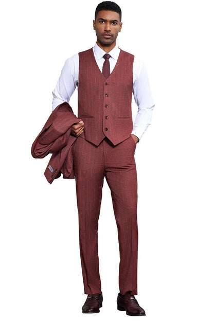 Men's Stacy Adams One Button Peak Lapel Vested Suit in Burgundy Pinstripe - Image 4