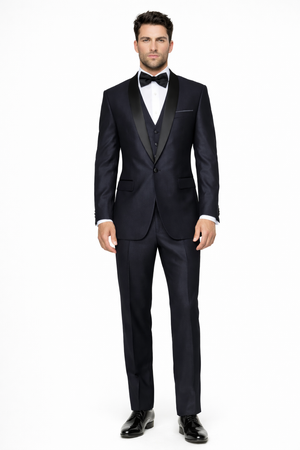 Indigo Shiny Tuxedo Vested Suit - Sateen Sharkskin Fabric Groom Suit