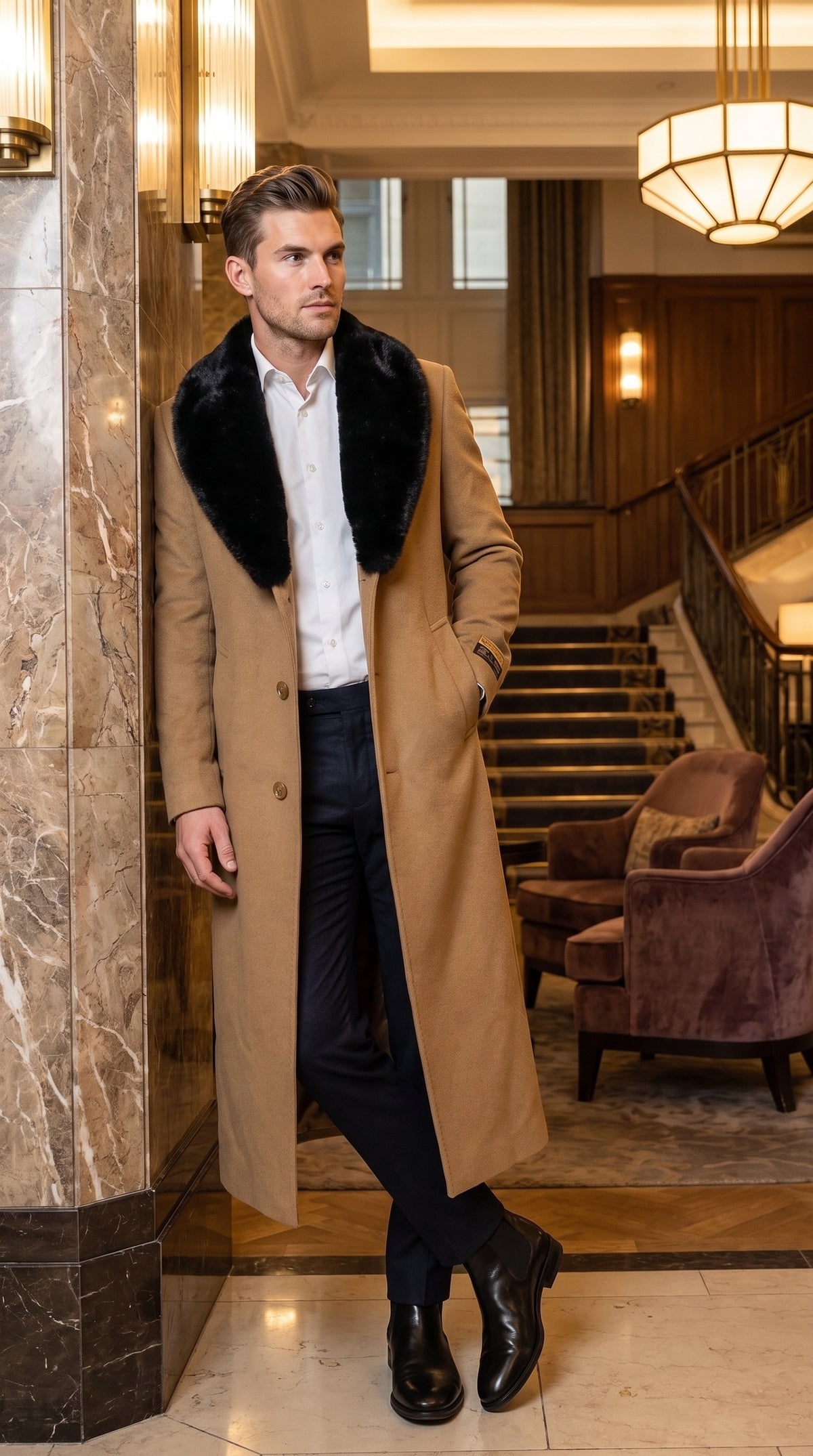 Men’s Camel Wool Full-Length Top Coat with Black Fur Collar – Classic Winter Overcoat