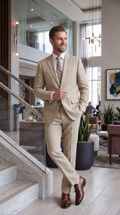 Men’s Beige Big & Tall Linen Suit – 2-Button Summer Wedding & Beach Suit