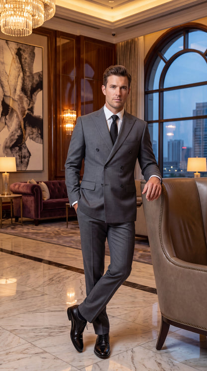 Men’s Grey Double Breasted Suit – 6 Button Classic Fit Formal Business Wedding Suit