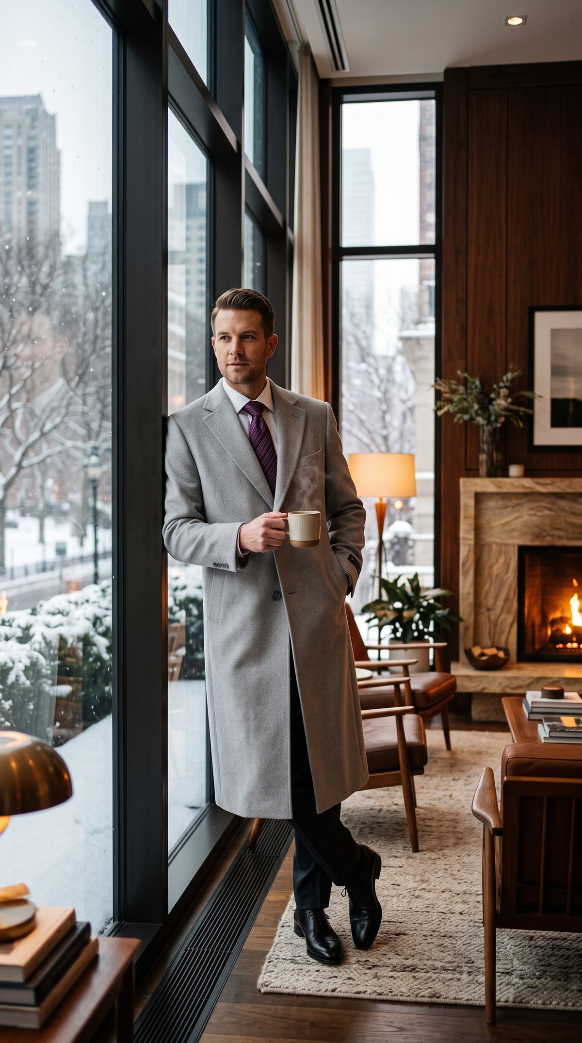 Men’s Gray Two Button Long Overcoat, Winter Dress Topcoat Formal Coat