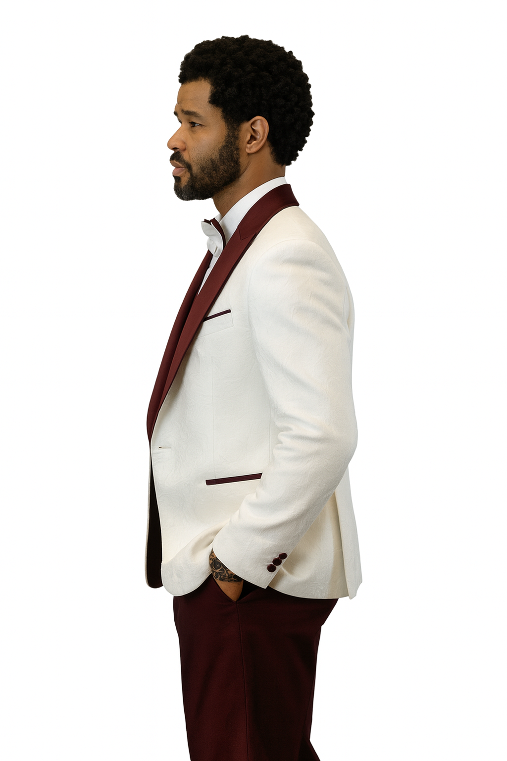 Hilton White and Burgundy Paisley Peak Lapel Tuxedo Jacket with Matching Shawl Vest and Wool Pants – Includes Bow Tie - Image 8
