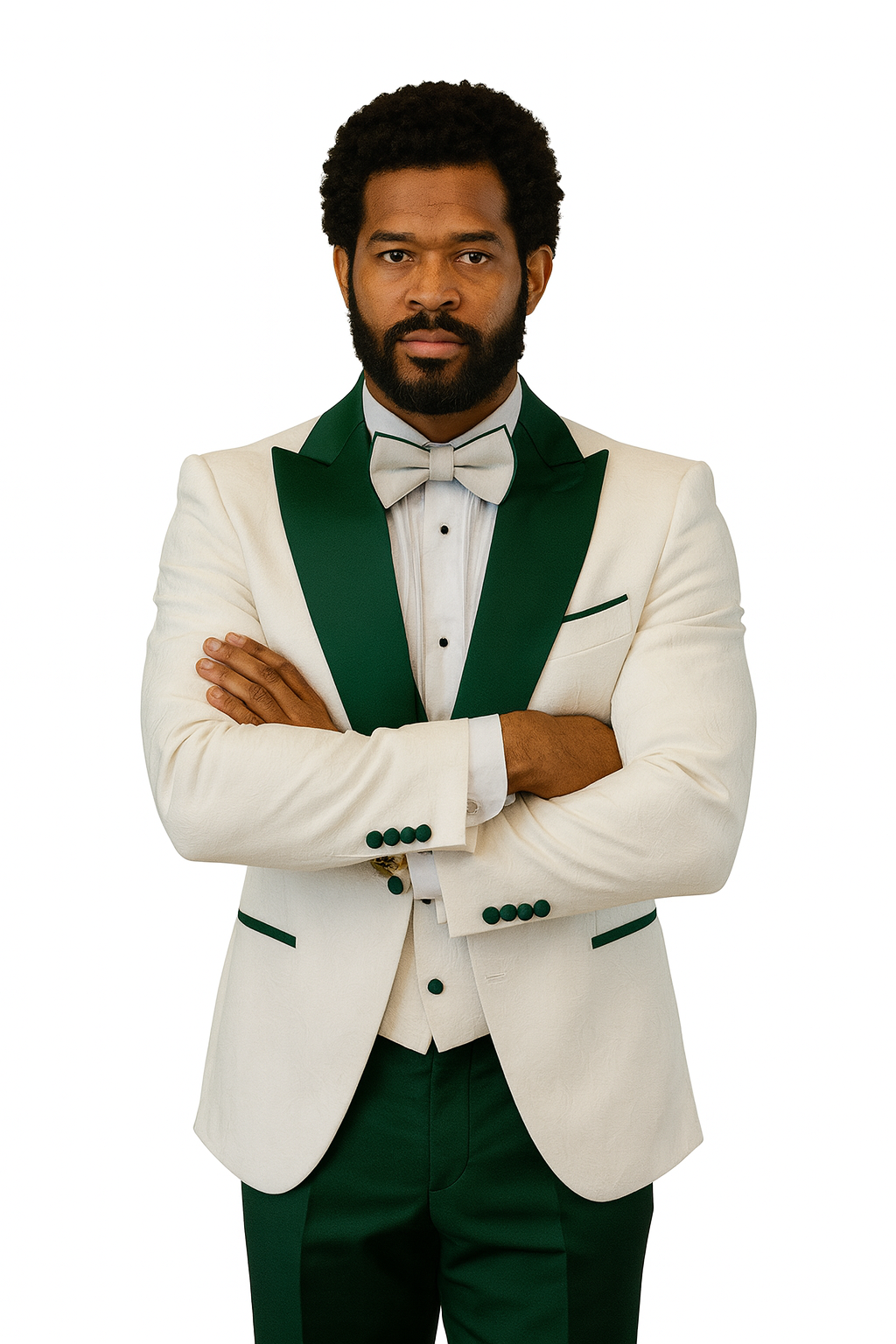Hilton White and Hunter Green Paisley Peak Lapel Tuxedo Jacket with Matching Shawl Vest and Wool Pants – Includes Bow Tie - Image 6