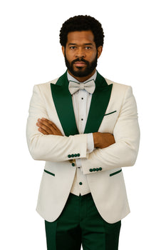 Hilton White and Hunter Green Paisley Peak Lapel Tuxedo Jacket with Matching Shawl Vest and Wool Pants – Includes Bow Tie - Image 6