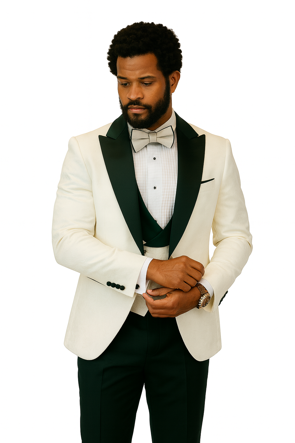 Hilton White and Black Paisley Peak Lapel Tuxedo Jacket with Matching Shawl Vest and Wool Pants – Includes Bow Tie - Image 7