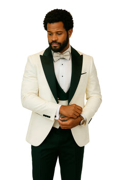Hilton White and Black Paisley Peak Lapel Tuxedo Jacket with Matching Shawl Vest and Wool Pants – Includes Bow Tie - Image 7