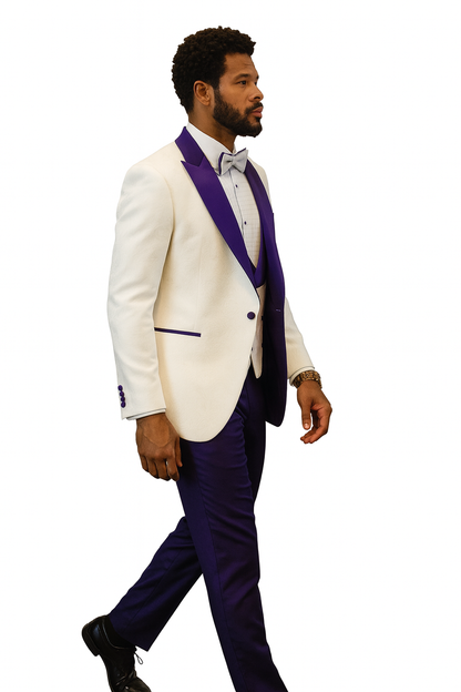 Hilton White and Purple Paisley Peak Lapel Tuxedo Jacket with Matching Shawl Vest and Wool Pants – Includes Bow Tie - Image 8