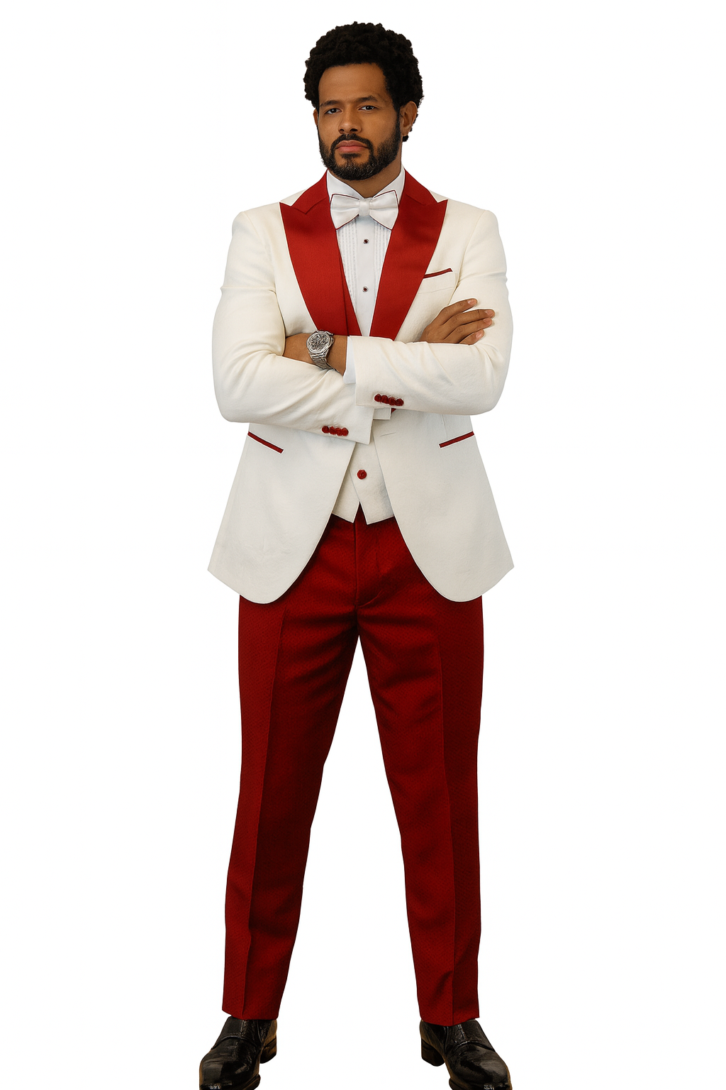 Hilton White and Red Paisley Peak Lapel Tuxedo Jacket with Matching Shawl Vest and Wool Pants – Includes Bow Tie - Image 8