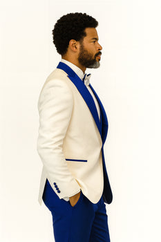 Hilton White and Royal Blue Paisley Peak Lapel Tuxedo Jacket with Matching Shawl Vest and Wool Pants – Includes Bow Tie - Image 7