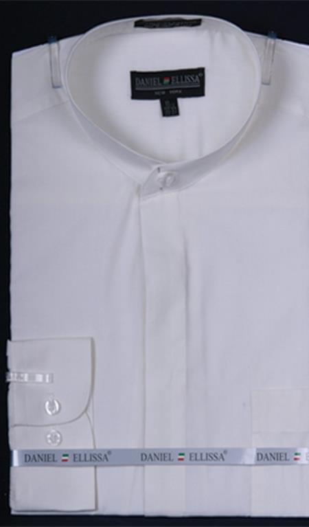 ivory dress shirts for men Banded Collarless Ivory Men's Dress Shirt Ivory / XL 17.5” Neck / 36-37” Sleeve