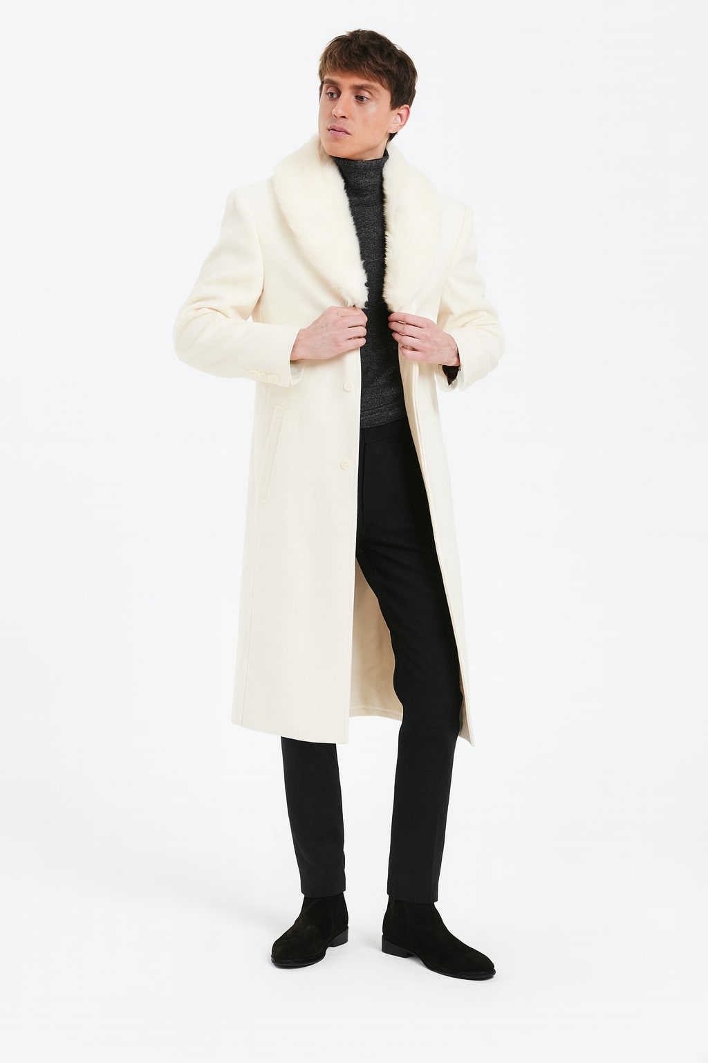 Men's Off White Full Length Belted Overcoat Porter