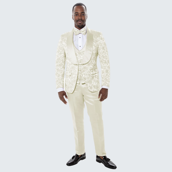 Men’s Ivory Floral Tuxedo with Wide Shawl Lapel | Wedding & Prom Wear