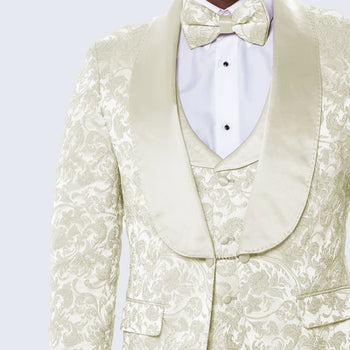 Men’s Ivory Floral Tuxedo with Wide Shawl Lapel | Wedding & Prom Wear