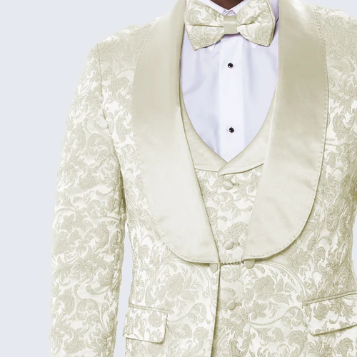 Men’s Ivory Floral Tuxedo with Wide Shawl Lapel | Wedding & Prom Wear