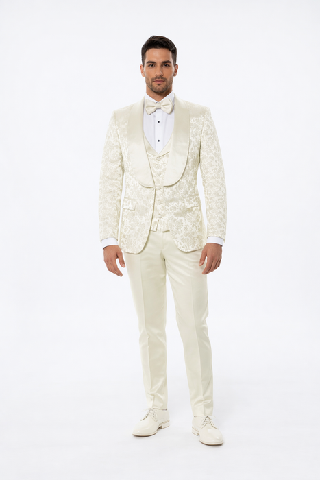 Men’s Ivory Floral Tuxedo with Wide Shawl Lapel | Wedding & Prom Wear
