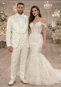 Men’s Ivory Floral Tuxedo with Wide Shawl Lapel | Wedding & Prom Wear