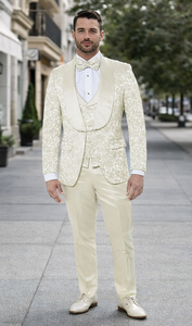 Men’s Ivory Floral Tuxedo with Wide Shawl Lapel | Wedding & Prom Wear