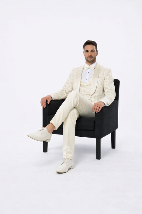 Men’s Ivory Floral Tuxedo with Wide Shawl Lapel | Wedding & Prom Wear